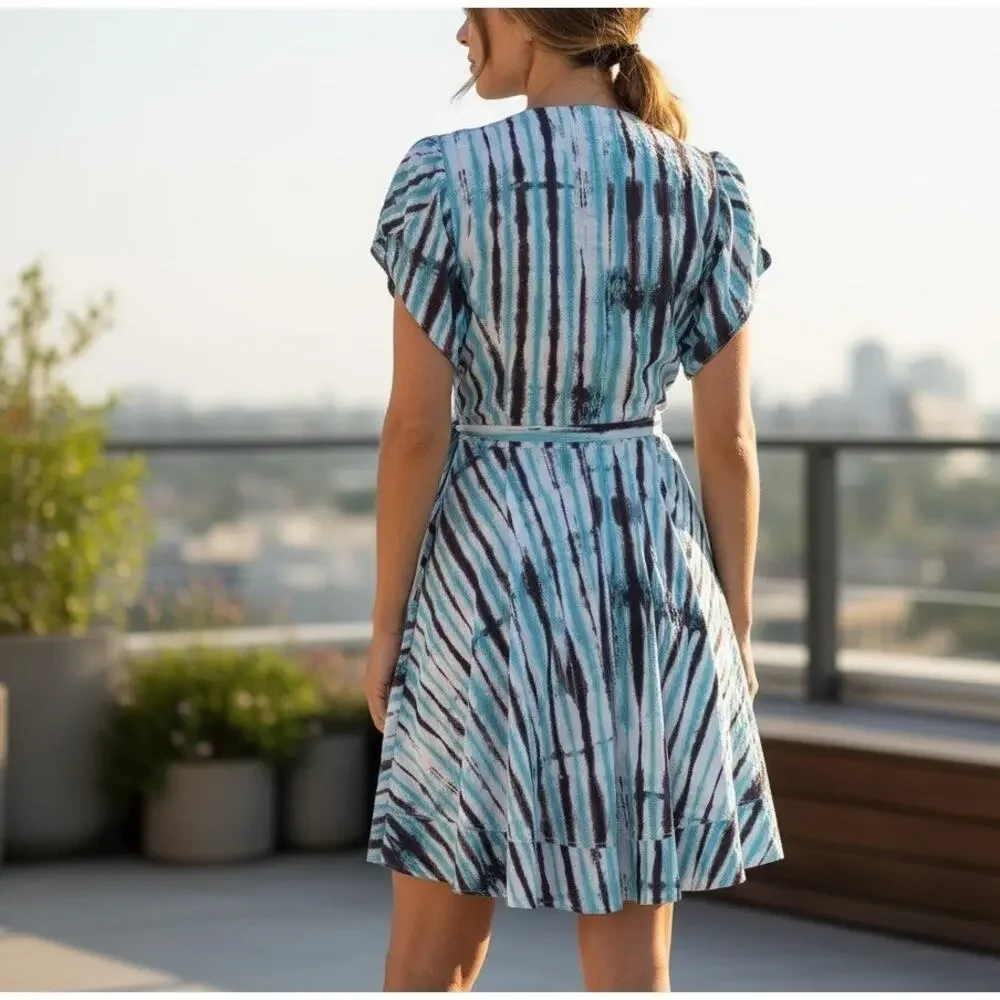 Diane Von Furstenberg Blue Tie Dye Wrap Dress SMALL Work Cotton Puff Sleeve $417 - Picture 5 of 11